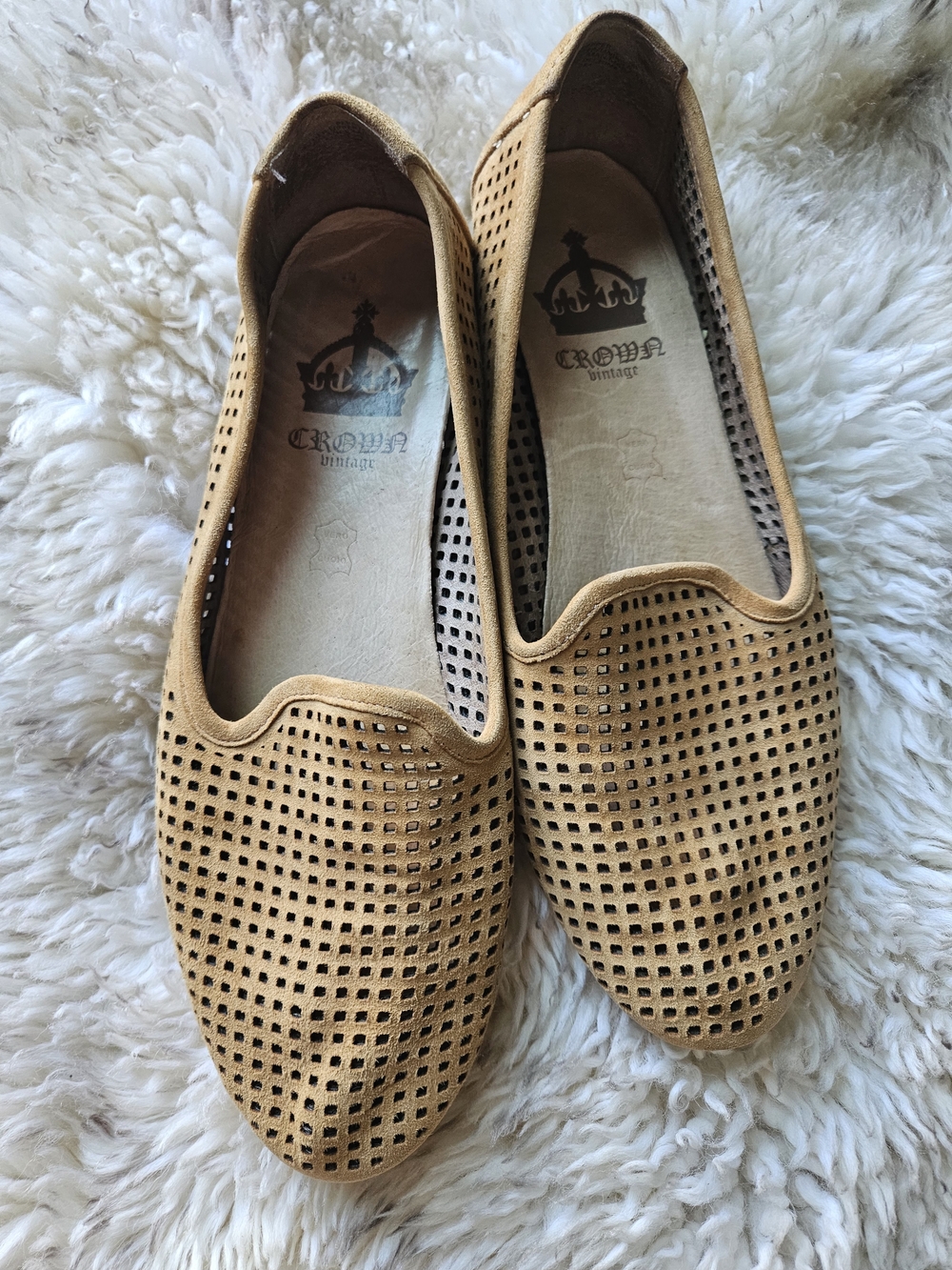 Crown Vintage Perforated Tan Suede Slip-On Smoking Shoe Loafers